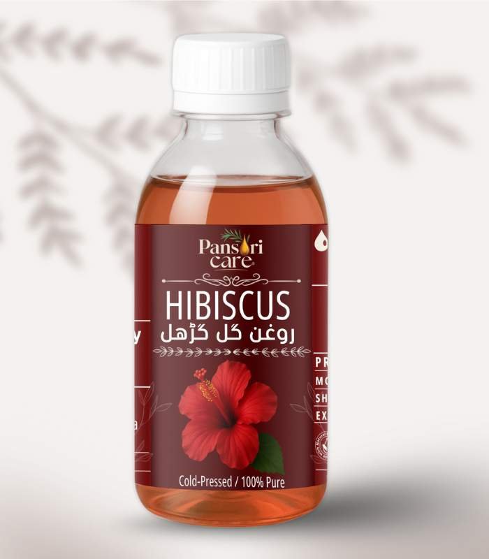hibiscus Pansari Care Hibiscus Oil bottle with a fresh red hibiscus flower and leaves.
